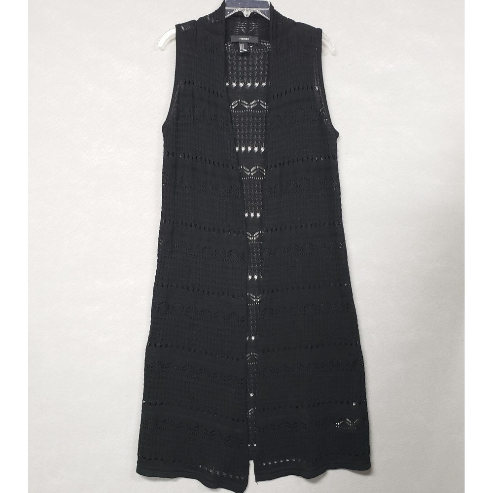 Forever 21 Women M Duster Sweater Black Y2K Open Front Sleeveless Knit Cardigan